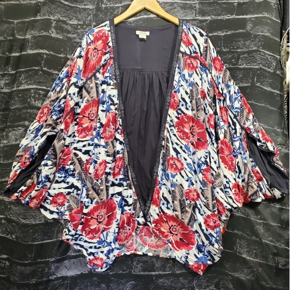 Ariat Kimono Cardigan Womens One Size Blue‎ Red Floral Open Front Dolman Sleeve